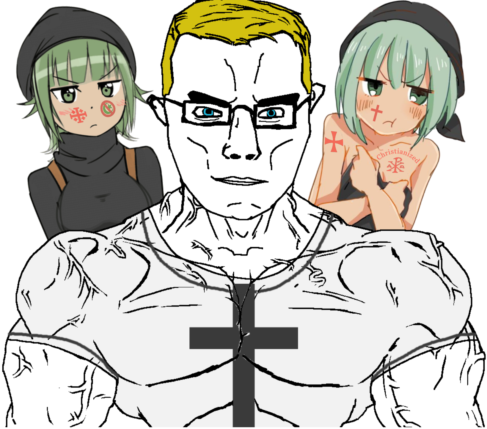 chudjak, chudjak front, muscular chud, aryan, a10 eyes, abrahamic, angry, anime, anime female, blonde hair