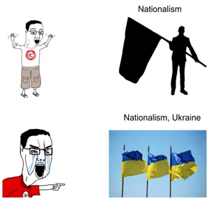 chudjak, /pol/, 2soyjaks, arm, bloodshot eyes, closed mouth, clothes, crying, excited, flag