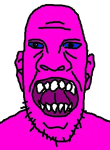 skinjak, blue eyes, doll, open mouth, pink skin, stubble