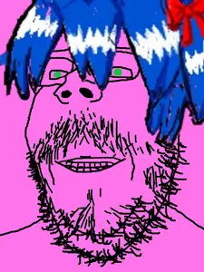 bury pink gril, gapejak, mustached gapejak, wholesome soyjak, /s4s/, blue hair, glasses, green eyes, mustache, pink