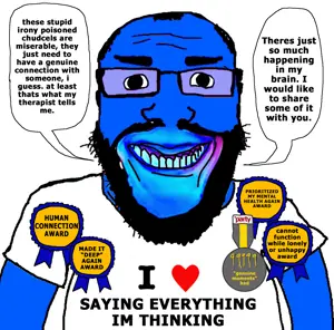 markiplier soyjak, science lover, award, badge, beard, blue, blue skin, clothes, glasses, grin