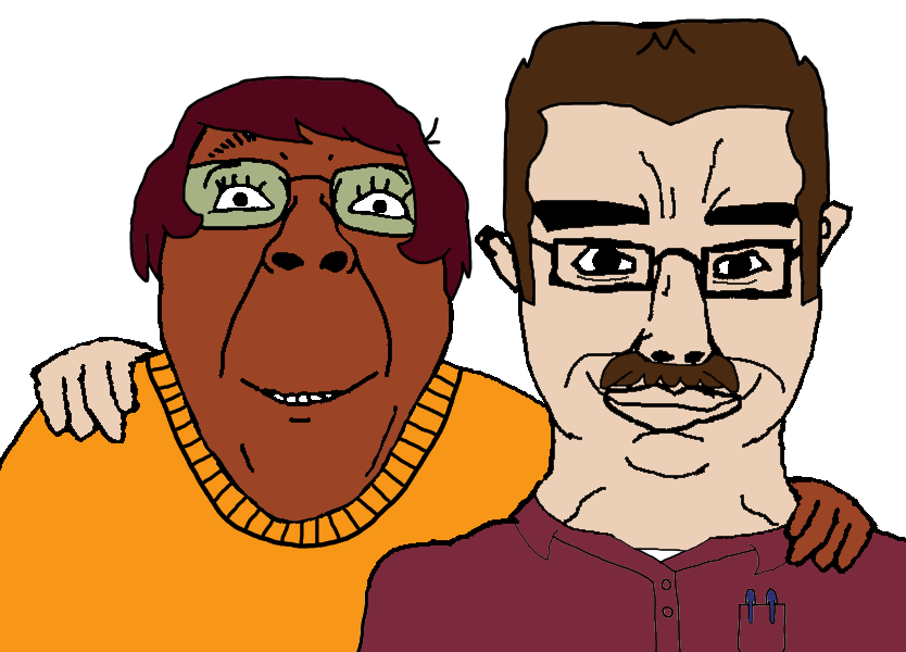 bernd, chudjak, chudjak front, chud troon alliance, 2soyjaks, brown hair, brown skin, cartoon, ear, friendship
