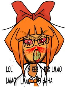 mymy schoppenboer, feraljak, feralrage, blood, bloodshot eyes, bowtie, clenched teeth, clothes, comic sans, cracked teeth