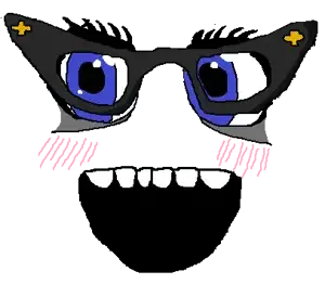 soytan, blue eyes, blush, eyebags, face, glasses, open mouth, smile