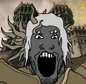 markiplier soyjak, armor, castle, clothes, elden ring, glasses, gray hair, gray skin, horns, margit the fell omen