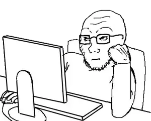 soyak, arm, chair, clothes, computer, glasses, hands, rolling eyes, screen, soyjak
