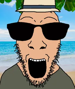 dylanjak, 1soyjak, bald, beach, clothes, eyebrows, forehead lines, front view, glasses, gray shirt