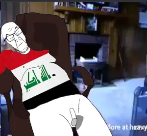 feraljak, chair, closed eyes, closed mouth, dead, flag, glasses, iraq, irl background, stubble