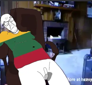 feraljak, chair, closed eyes, closed mouth, dead, flag, glasses, irl background, lithuania, stubble