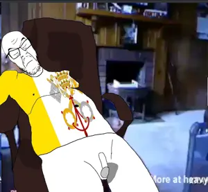 feraljak, chair, closed eyes, closed mouth, dead, flag, glasses, irl background, stubble, vatican