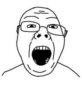 joyjak, bald, forehead lines, glasses, mole, no beard, open mouth, soyjak, teeth, white background