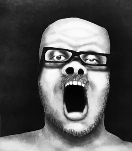 a24 slowburn soyjak, 1soyjak, black eyes, dark background, glasses, looking up, monochrome, mustache, no eyebrows, oekaki