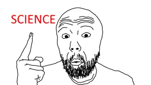bald, beard, closed mouth, pointing, science, soyjak, text, wrinkles
