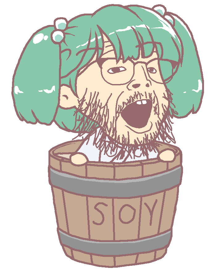buckteeth soyjak, gyatejaks, anime, barrel, buck teeth, bucket, full body, glasses, green hair, gyate gyate