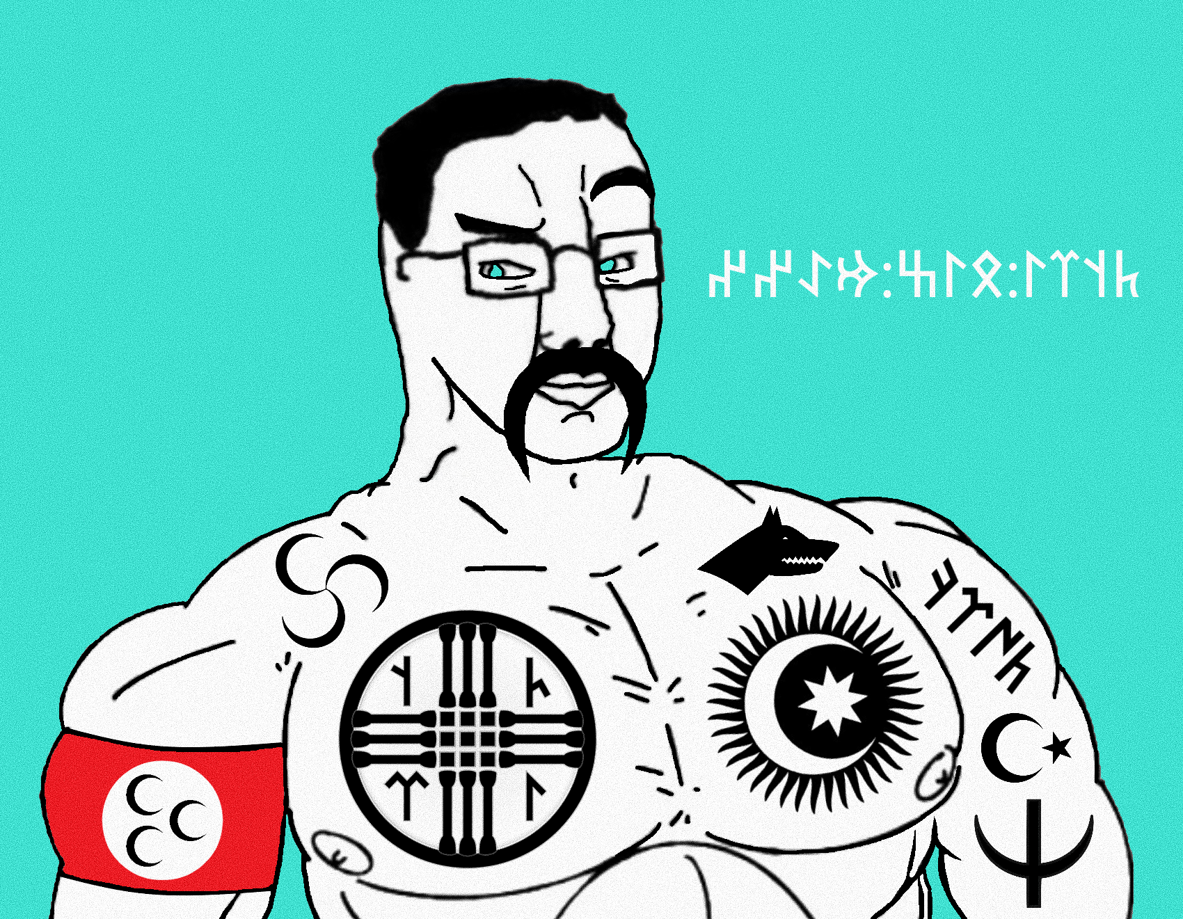 chudjak, a10 eyes, ancient turkic text, armband, buff, central asia, central asian tvrk, eyebrows, glasses, looking to the left