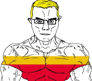 chudjak, chudjak front, muscular chud, arm, blonde hair, blue eyes, buff, closed mouth, clothes, country