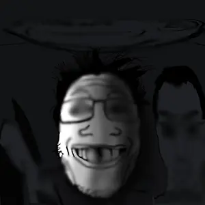 chudjak, impish soyak ears, markiplier soyjak, shirtjak, grinlook poggers, blurred background, dark, monochrome, schizo