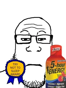 markiplier soyjak, 5-hour energy, award, badge, closed mouth, glasses, holding object, sleepy, soyjak, stubble