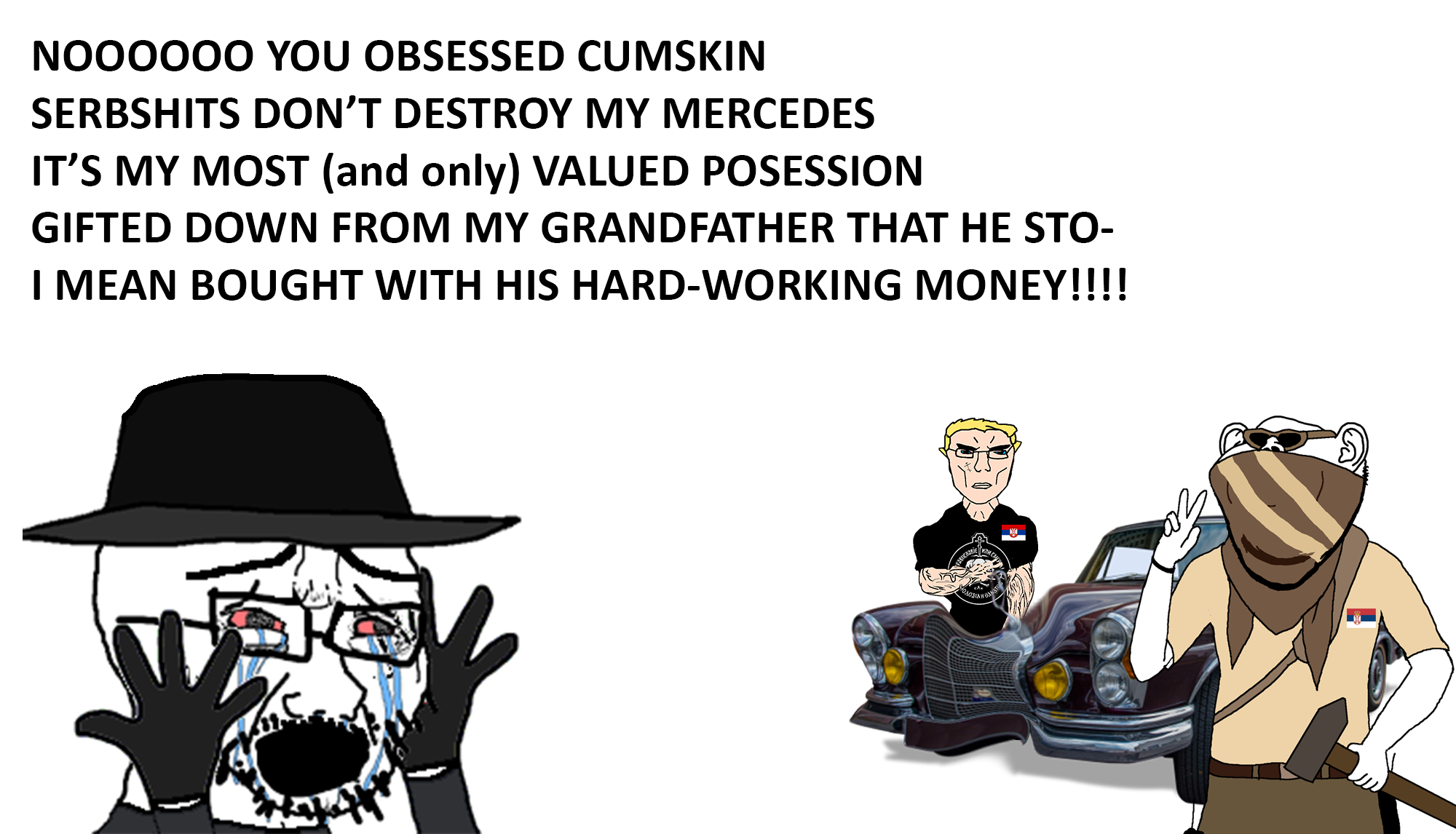 chudjak, cryboy soyjak, impish soyak ears, chudjak front, unbotheredchud, aryan, a10 eyes, albania, arm, bandana