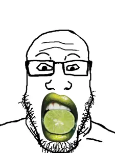 markiplier soyjak, bald, biting, food, forehead lines, fruit, glasses, green lips, lime, lips