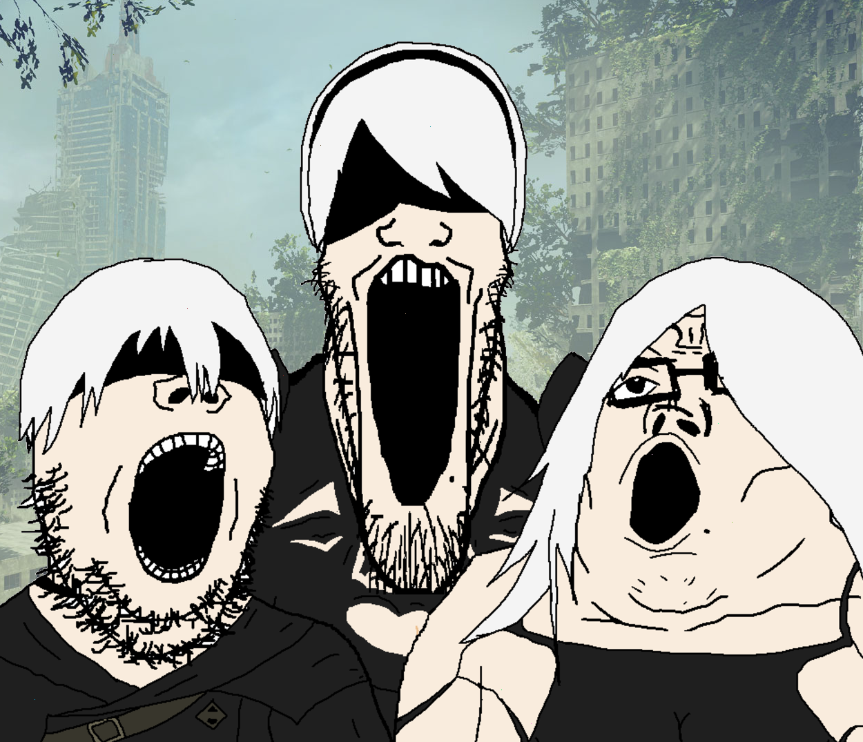 gapejak, markiplier soyjak, tony soprano soyjak, soyjak trio, 2b, 3soyjaks, 9s, a2, anime, blindfold