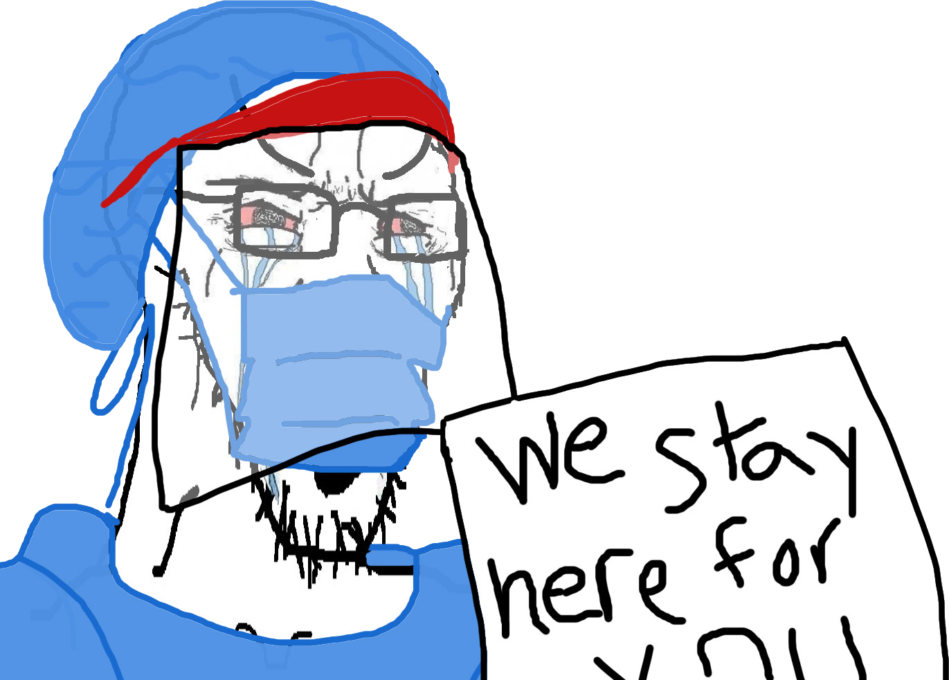 soyak, bloodshot eyes, clothes, coronavirus pandemic, crying, face shield, glasses, hat, large eyebrows, mask