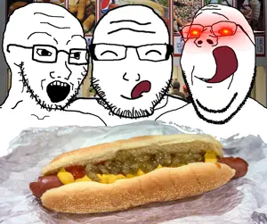 gapejak, soyak, unknown, wholesome soyjak, 3soyjaks, glasses, glowing eyes, hotdog, open mouth, red eyes