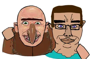 happy merchant, steve (minecraft), villager (minecraft), chudjak, no more brother wars, big nose, blue shirt, brown shirt, green eyes, happy