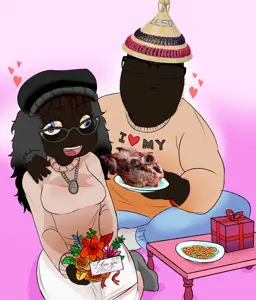 soytan, cobson, food, hands, head, lazy eye, meat, mokorotlo, pink background, yellow sclera