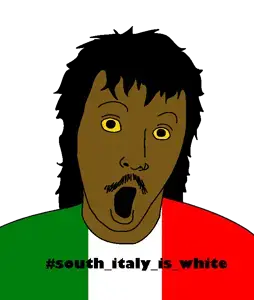 unknown, brown skin, italy, looking at you, mustache, open mouth, text, yellow sclera, italy
