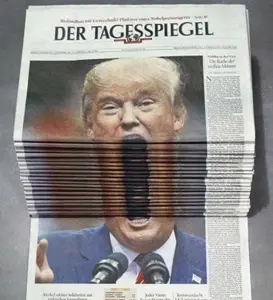 donald trump, unknown, animated, blonde hair, clothes, ear, hair, lips, microphone, newspaper