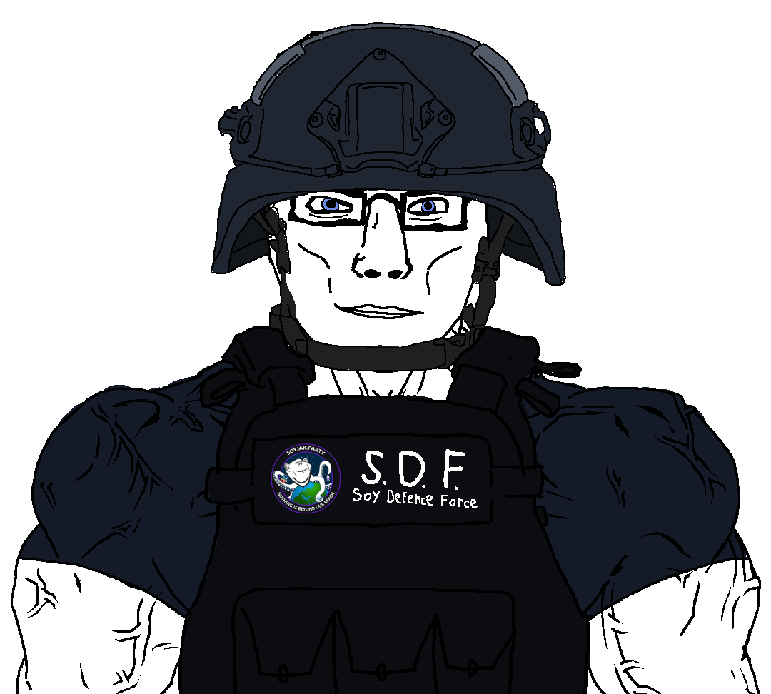 chudjak, impish soyak ears, chudjak front, muscular chud, 1soyjak, blue eyes, blue helmet, blue shirt, buff, buff chudjak