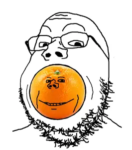 gapejak, impish soyak ears, eating, food, fruit, multiple soyjaks, open mouth, orange (fruit), orange skin