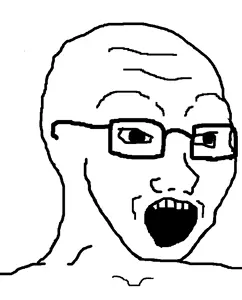 soyak, eyebrows, forehead lines, glasses, looking away, monochrome, no beard, open mouth, soyjak, white background