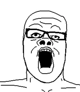 a24 slowburn soyjak, 1soyjak, glasses, monochrome, no beard, open mouth, soyjak, teeth, uncolored skin, white background