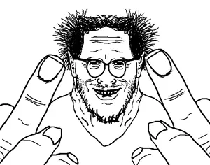 thunderf00t, front view, glasses, hair, middle finger, mirrored, mustache, smile, soyjak, stubble