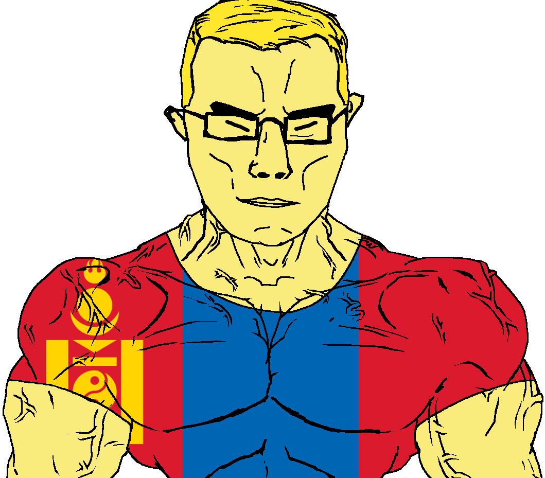 chudjak, chudjak front, muscular chud, arm, asian, blonde hair, blue eyes, buff, closed mouth, clothes