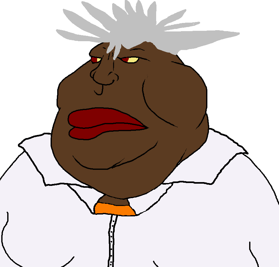 meximutt, angel (evangelion), anime, brown skin, chin, closed mouth, collared shirt, double chin, fat, gray hair