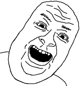 its out get in here, bald, chin, double chin, eyebrows, forehead lines, monochrome, no beard, nose, open mouth