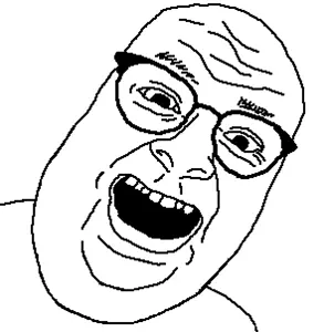 its out get in here, eyebrows, forehead lines, glasses, looking at you, no beard, nose, open mouth, shaved, soyjak