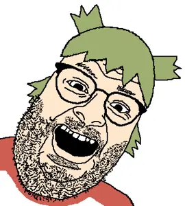 its out get in here, 4chan, anime, clothes, glasses, green hair, hair, open mouth, soyjak, stubble
