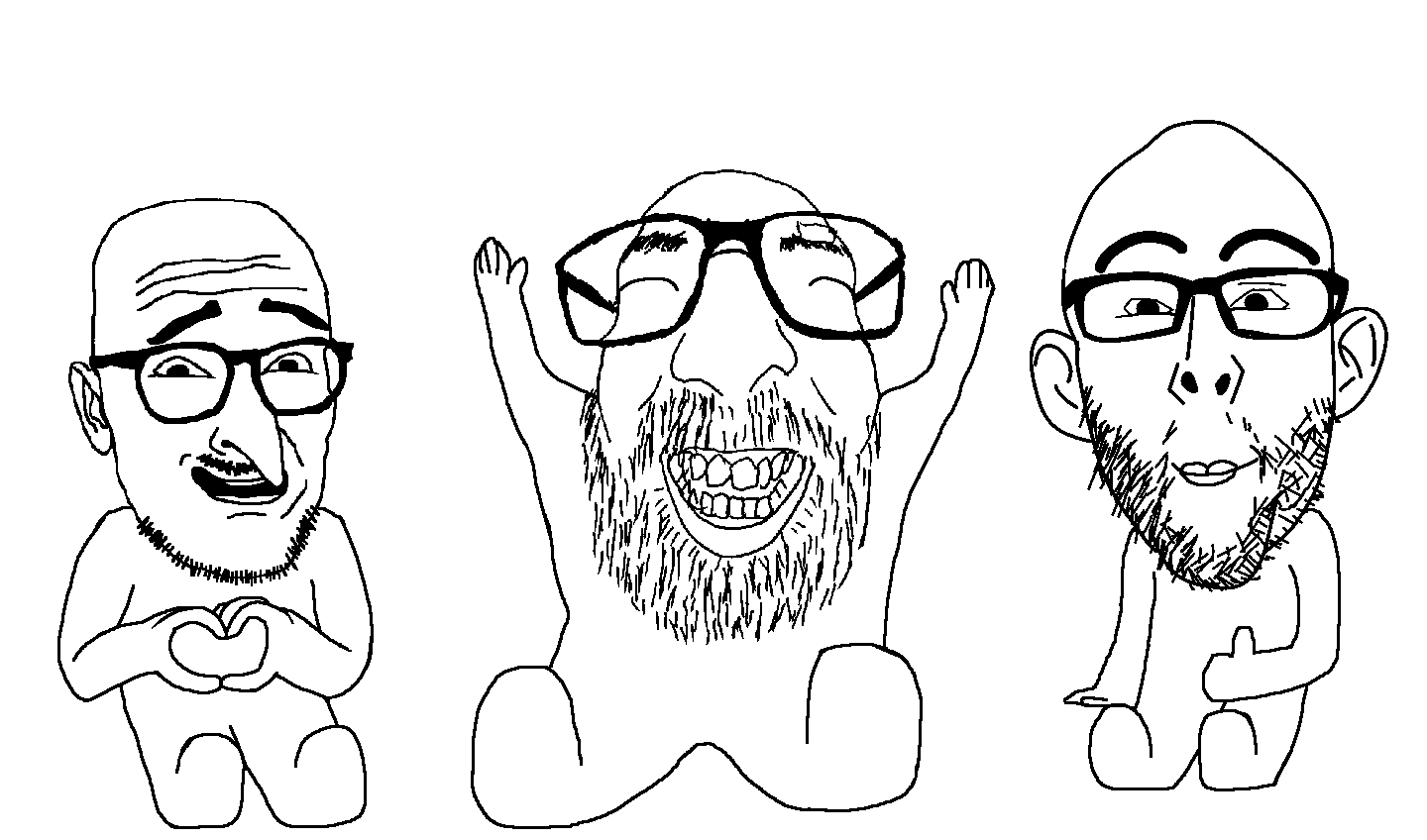 israeli soyjak, longnose, nojak, 3soyjaks, bald, closed eyes, closed mouth, full body, glasses, heart