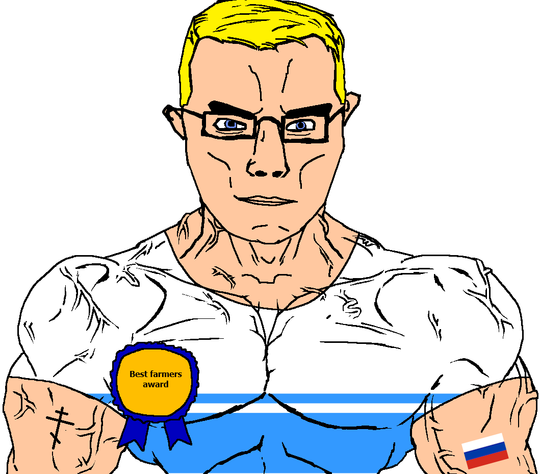 chudjak, chudjak front, muscular chud, altai, arm, award, blonde hair, blue eyes, buff, closed mouth