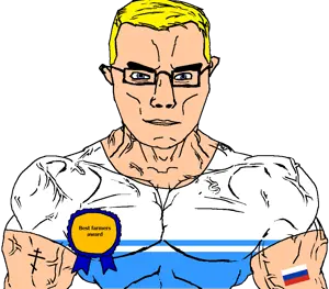 chudjak, chudjak front, muscular chud, altai, arm, award, blonde hair, blue eyes, buff, closed mouth