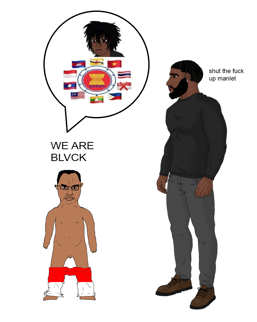 black tradcath, twinkjak, wojak, yes chad, chudjak, chudjak front, obsessedchud, african american, asean flag, black skin