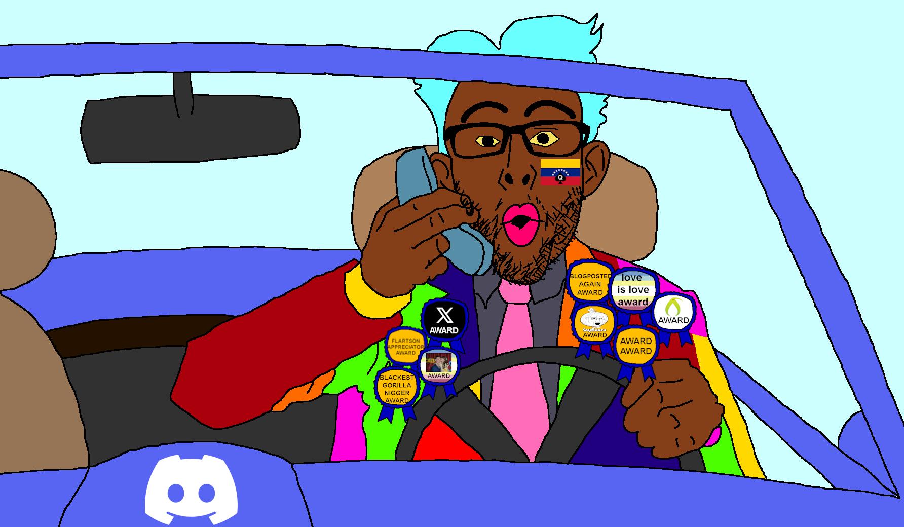 esl fnf pedo, nojak, slopjak, arm, award, black skin, blogposting, blue hair, car, clothes