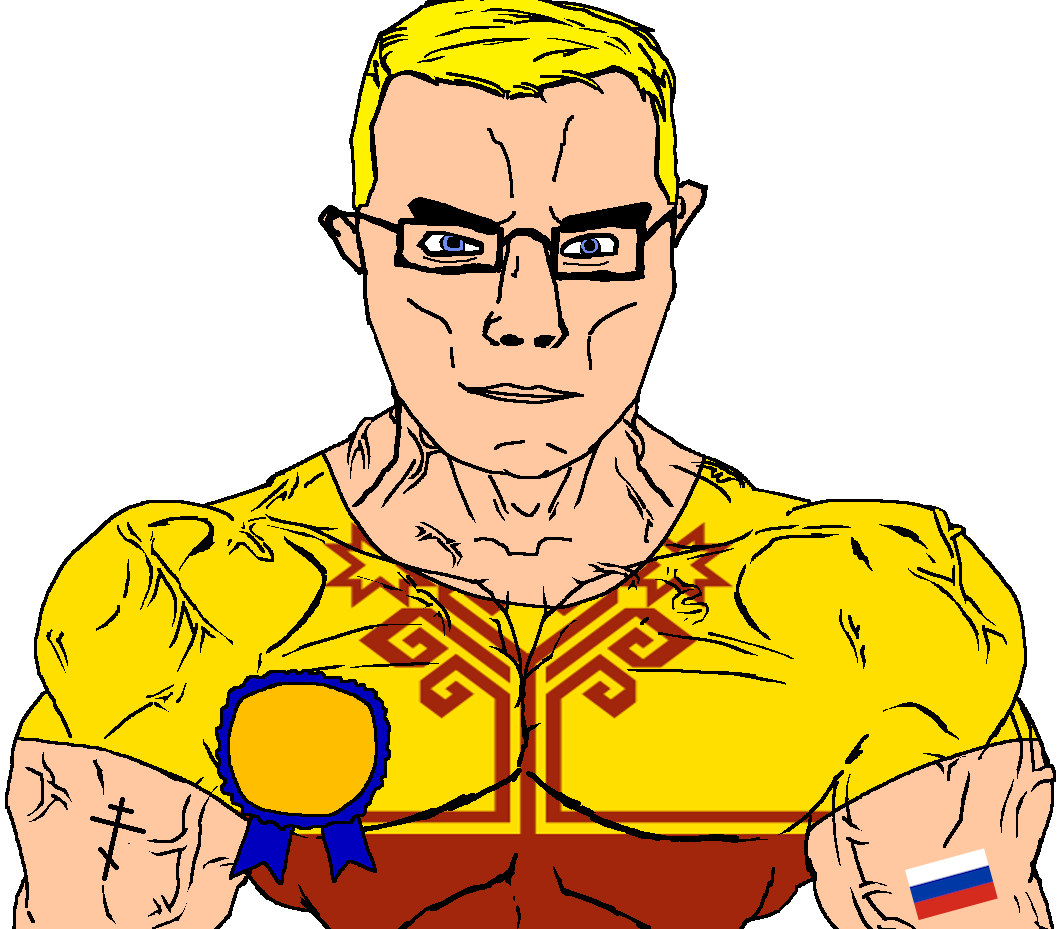 chudjak, chudjak front, muscular chud, arm, award, blonde hair, blue eyes, buff, christianity, chuvashia