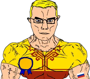 chudjak, chudjak front, muscular chud, arm, award, blonde hair, blue eyes, buff, christianity, chuvashia