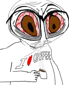 feraljak, bloodshot eyes, brown eyes, coffee, deformed, drink, glasses, hands, holding object, i love