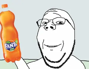 gapejak, wholesome soyjak, arm, fanta, glasses, holding object, smile, soyjak, stubble